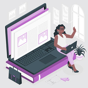 Ilustração de uma professora segurando um laptop. Ela está apoiada em outro laptop gigante que compõe o cenário de fundo. Cores fortes e contrastantes