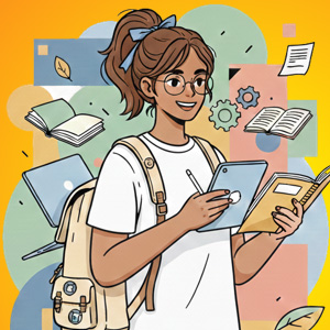 Ilustração de uma professora segurando um laptop. Ela está apoiada em outro laptop gigante que compõe o cenário de fundo.